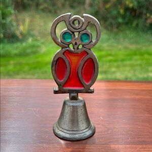 VTG Mid-Century Modern Cast Iron Metal Owl Faux Stained Glass Decorative Bell